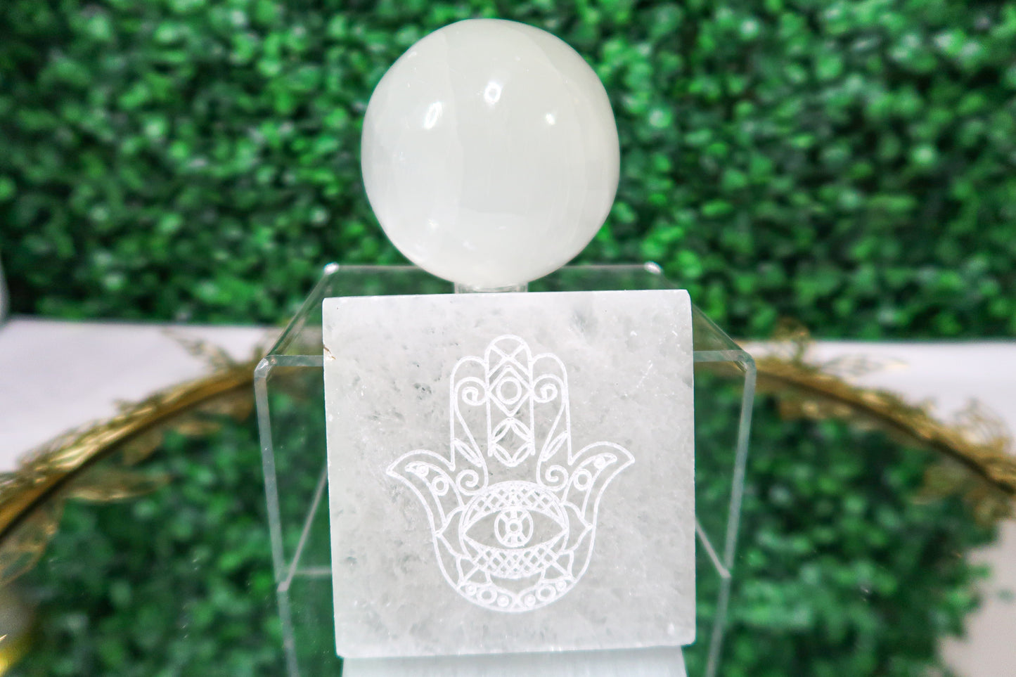 Selenite Sphere & Hamsa Hand Slab