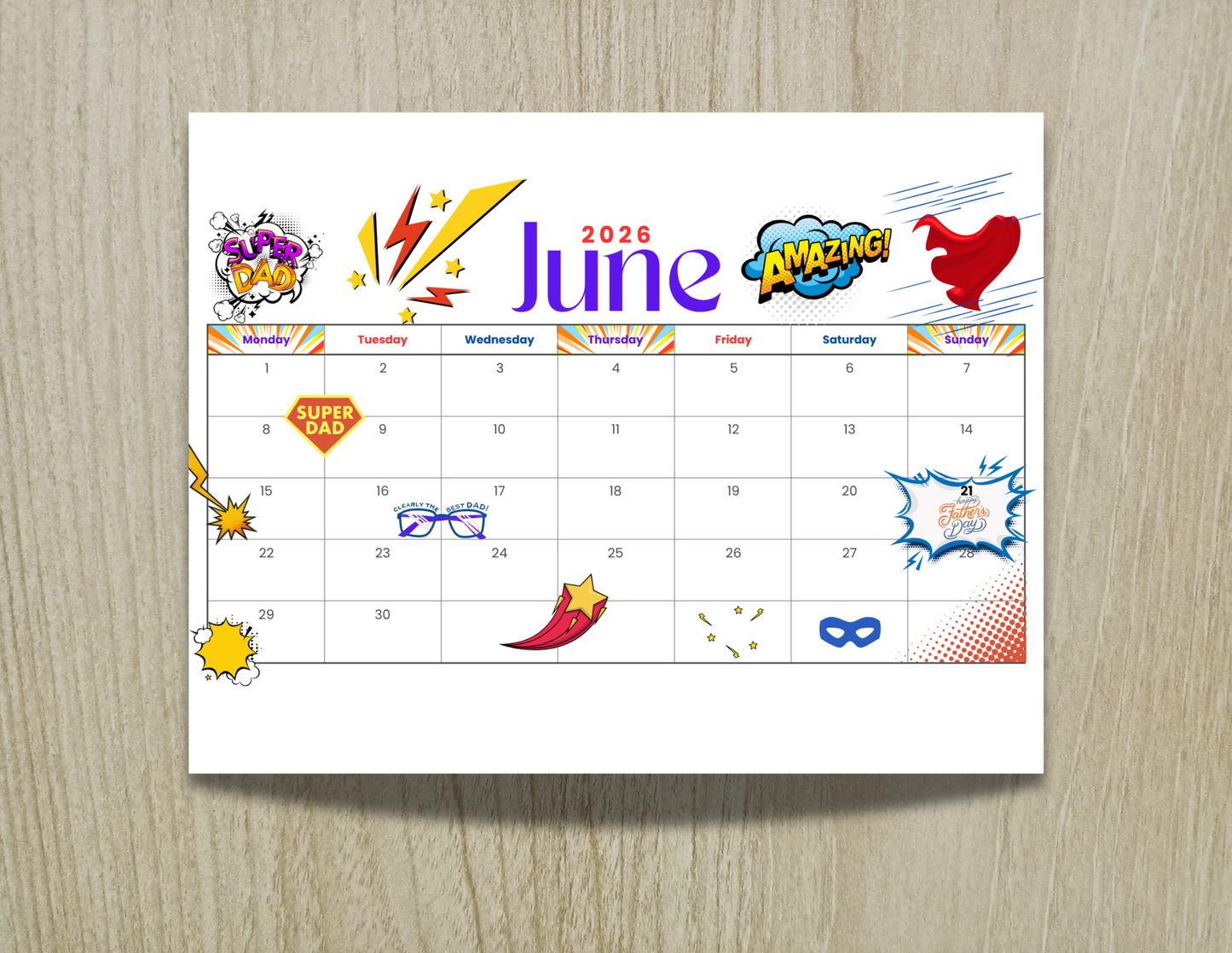 Superhero Dad June 2026 Calendar