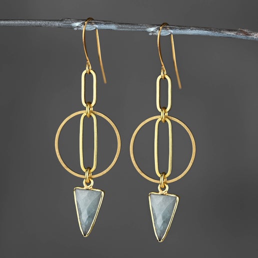 Golden Rutile Circle and Gemstone Triangle Drop Earrings