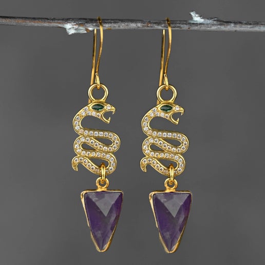 Amethyst Pave Crystal Snakes Triangle Drop Earrings