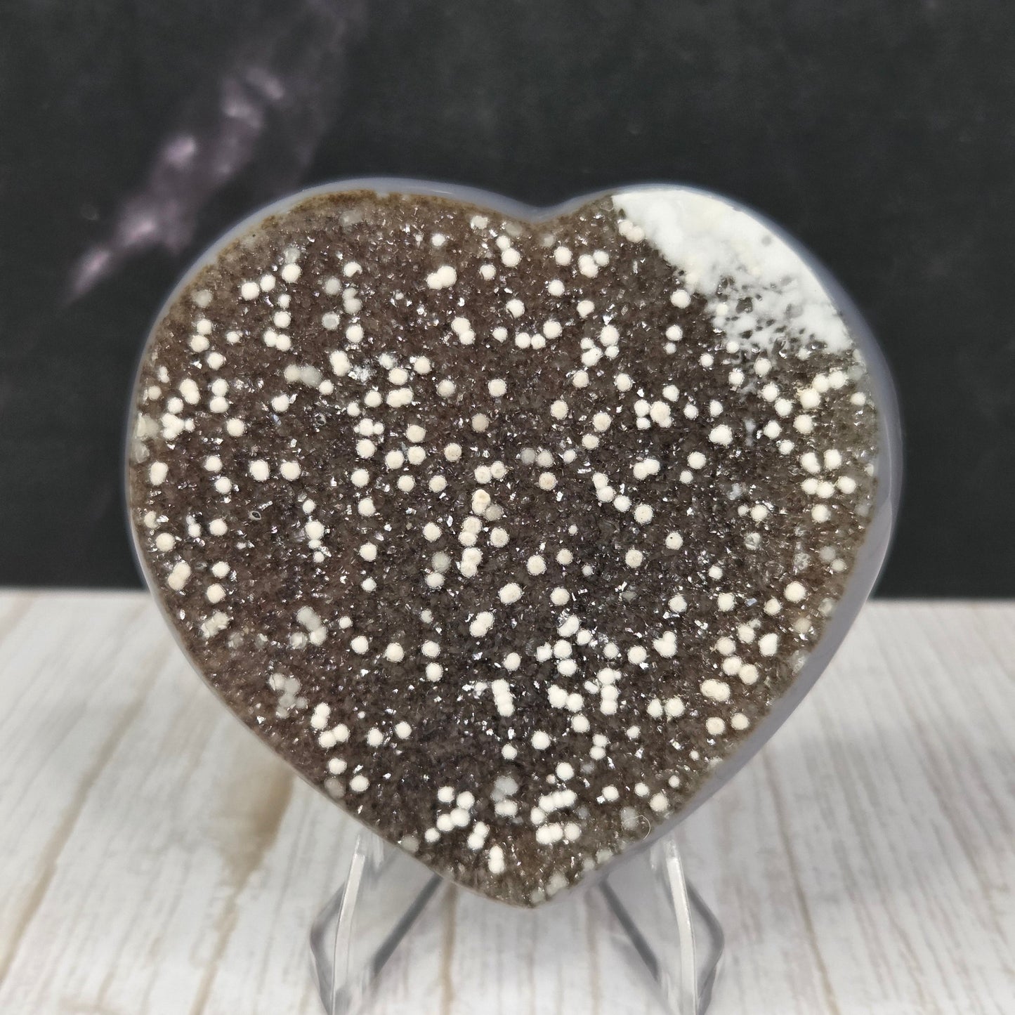 Glittering Dark Druzy Agate Heart with Quartz Accents