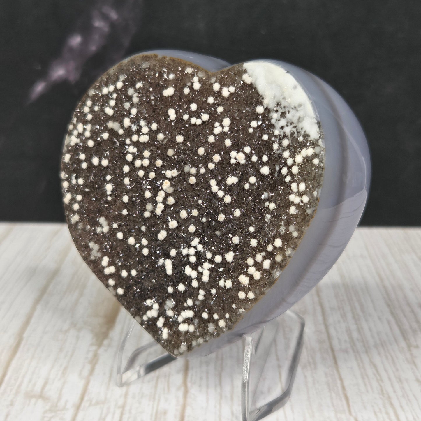 Glittering Dark Druzy Agate Heart with Quartz Accents