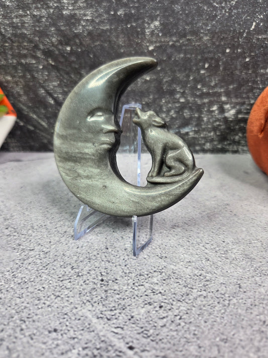 Silver Sheen Obsidian Wolf & Moon Carving