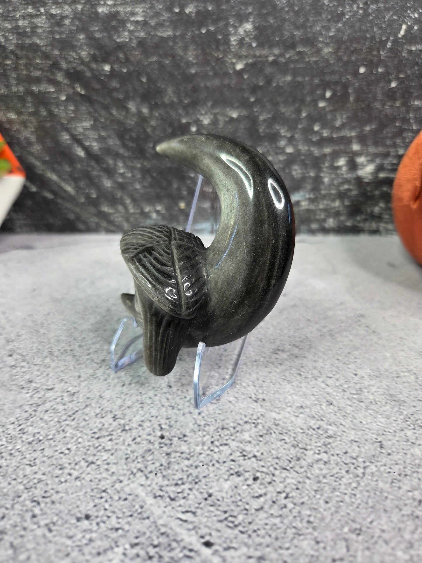Silver Sheen Obsidian Raven & Moon Carving