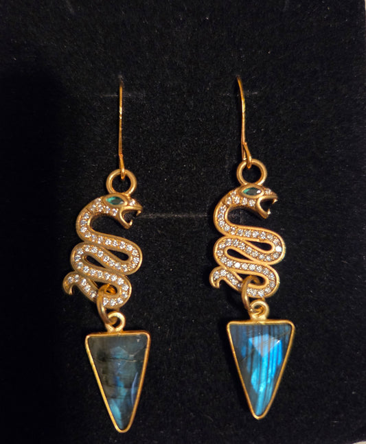 Labradorite Pave Crystal Snakes Triangle Drop Earrings