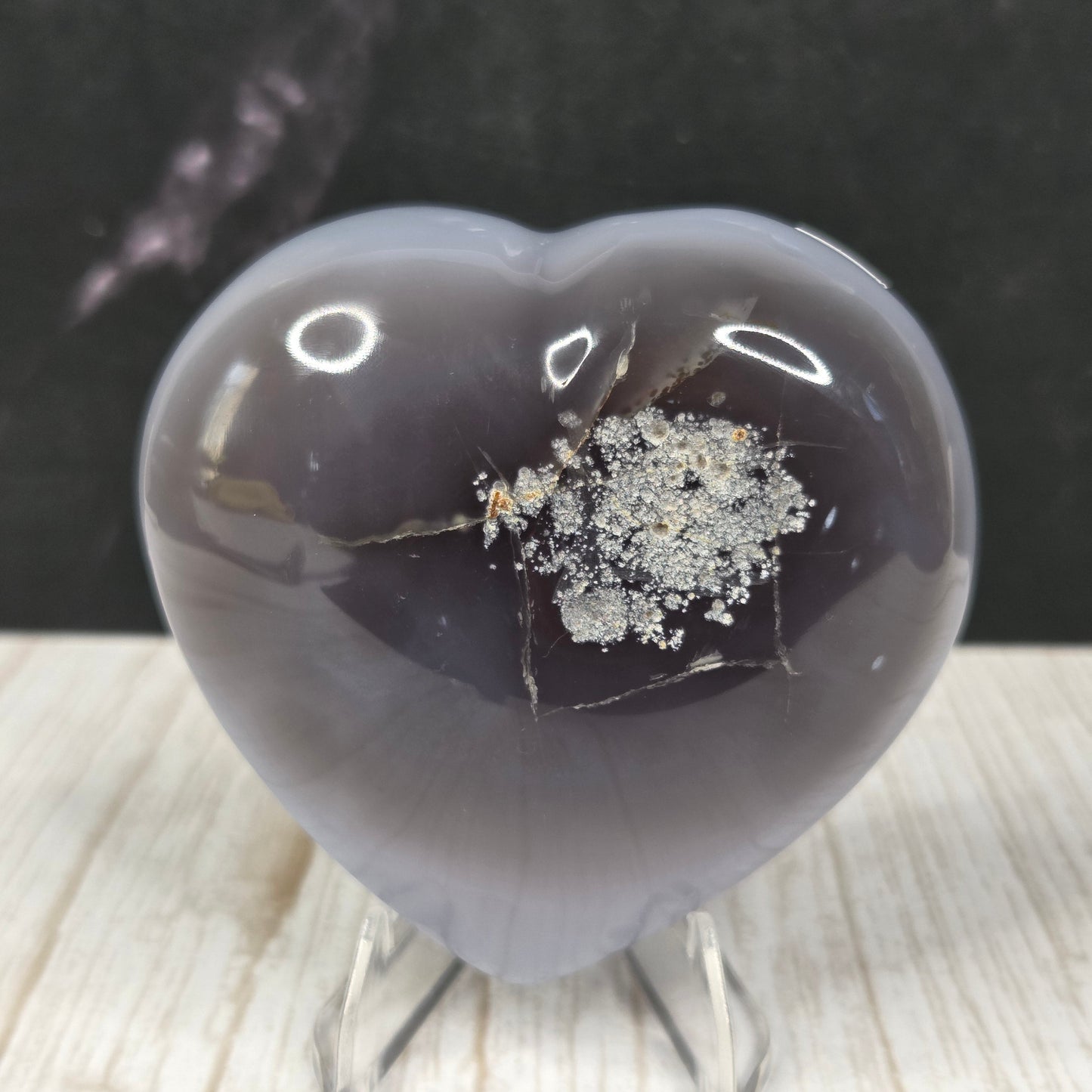 Glittering Dark Druzy Agate Heart with Quartz Accents