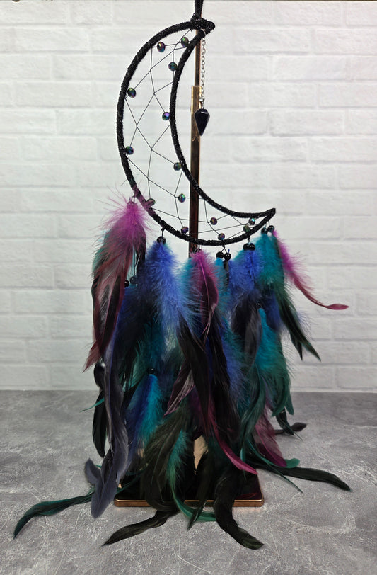 Mystical Black Moon Dream Catcher with Feathers