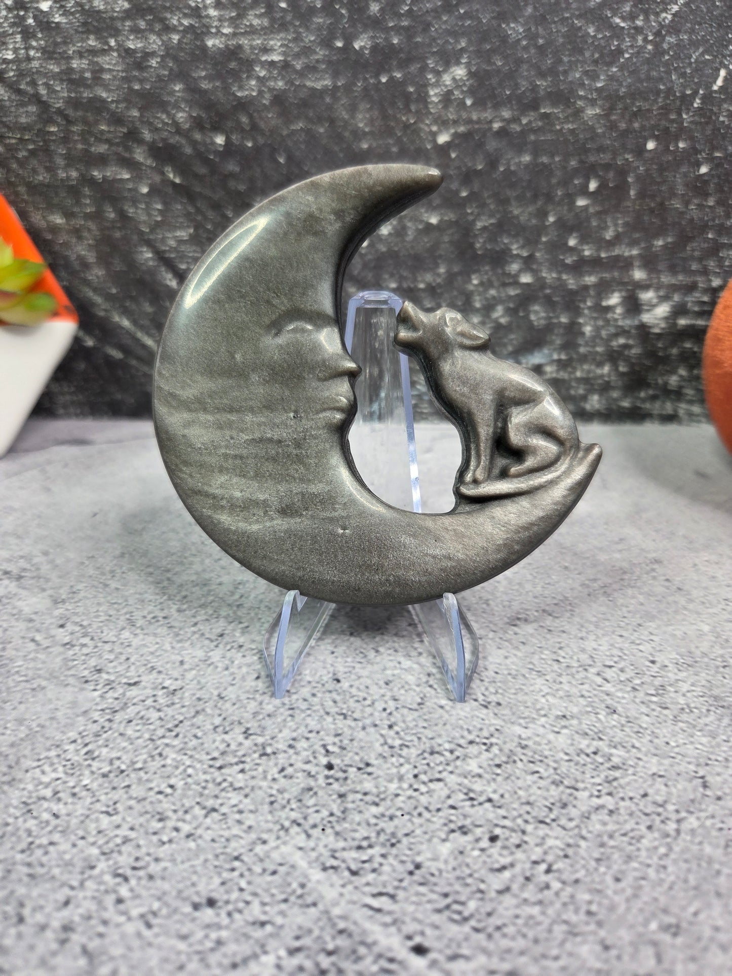 Silver Sheen Obsidian Wolf & Moon Carving